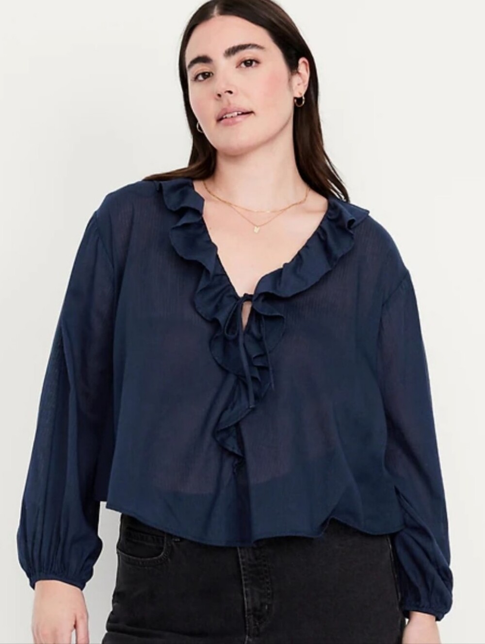 Old Navy Navy Blue Ruffle Tie Neck Blouse XXL 2X